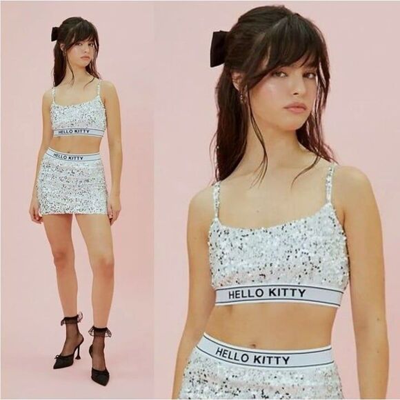 Hello Kitty Silver Sequin Crop Top & Mini Skirt Set - Womens XS - Picture 1 of 12